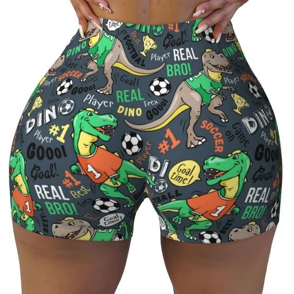 Rocae Dinosaur Plays Soccer for Women's Quick-Dry Running Shorts,Ladies Active Athletic Apparel Yoga Workout Gym Running Volleyball Spandex Shorts Large