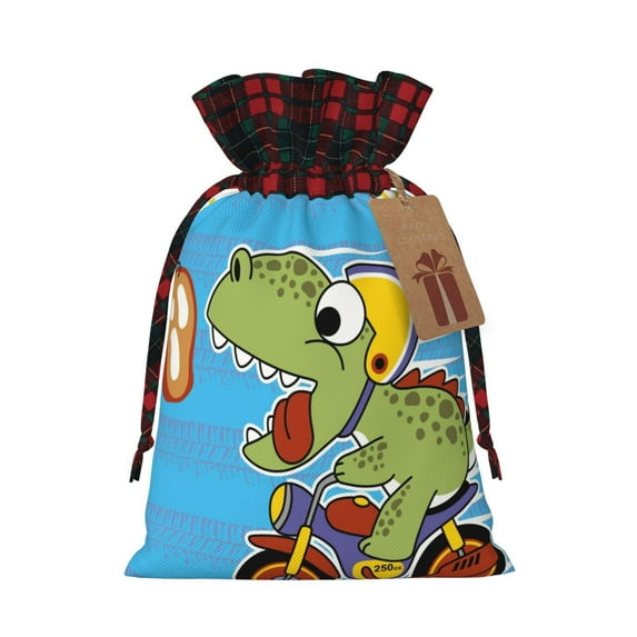 Rocae Dinosaur Riding a Motorcycle Print Christmas Drawstring Linen Gift Bag with Drawstrings Treat Bag Goody Present Bags for Christmas Party Favor