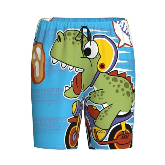 Rocae Dinosaur Riding a Motorcycle for Men's Soft Sleep Pajama Shorts, Waistband and Pockets
