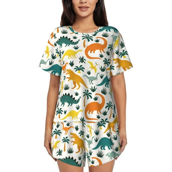 Rocae Dinosaurs and Tropical Leaves for Two Piece Sleepwear Pajamas Sets for Women Soft Short-Sleeved Pjs with Lounge Shorts 3X-Large