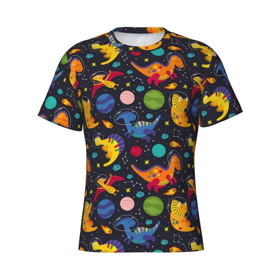 Rocae Dinosaurs in Space for Men's Moisture-Wicking Crew Tee - T-Shirt for Sports, Outdoor Activities, and Casual WearMedium