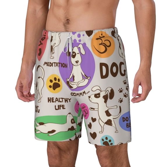 Rocae Dog Doing Yoga for Men's Swim Trunks Quick Dry With Two Side Pockets and One Lined Patch PocketSmall