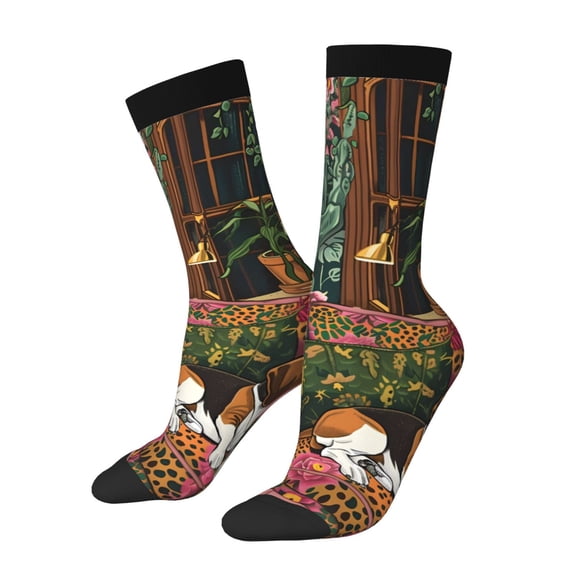 Rocae Dog On Floral Couch for Adult Socks Casual Athletic Stretchy Loose Socks for Women Men Non-Slip Middle Tube Socks