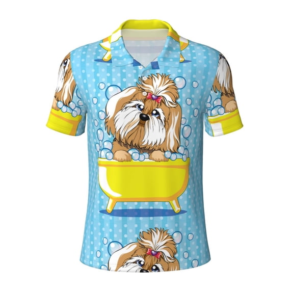Rocae Dog Takes a Bath in the Bathtub for Men's Short Sleeve Polo Shirt, Quick Drying Performance Moisture Wicking Sports Men's Golf Shirt Small