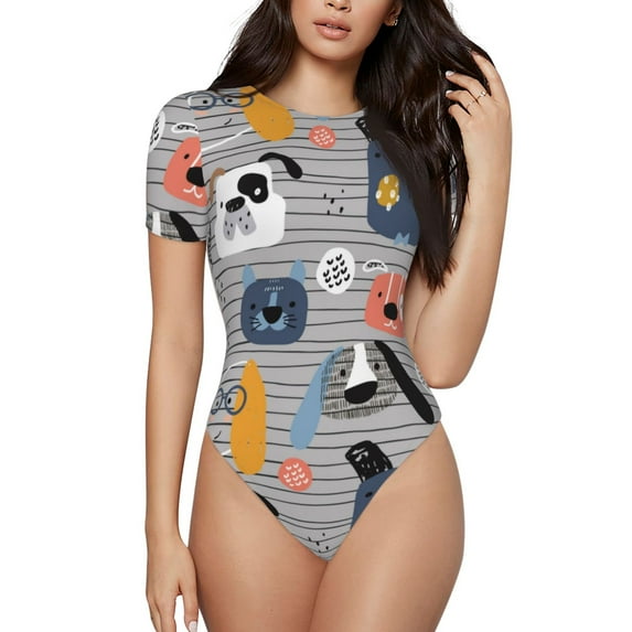 Rocae Dog for One Piece Round Neck Short Sleeve Bodysuits for Women Casual Basic Bodysuit Daily Jumpsuit T Shirts-XX-Large