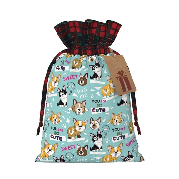 Rocae Dogs Print Christmas Drawstring Linen Gift Bag with Drawstrings Treat Bag Goody Present Bags for Christmas Party Favor