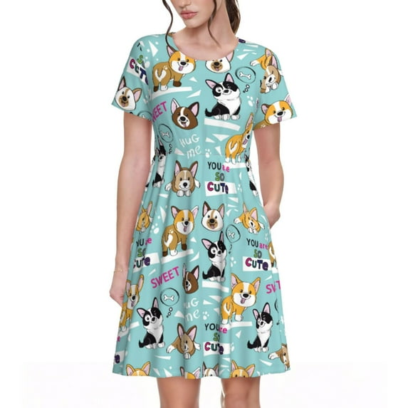 Rocae Dogs for Dresses Summer Casual Ruffle Short Sleeve Cute Crew Neck Flowy Dress with Pockets