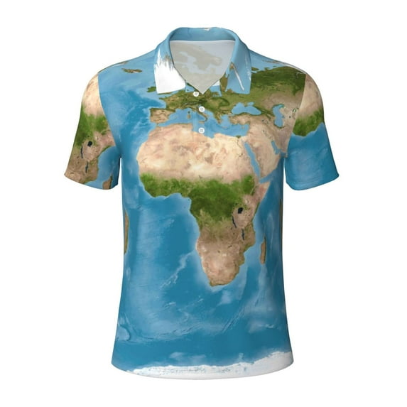 Rocae Earth View World Map for Men's Short Sleeve Polo Shirt, Quick Drying Performance Moisture Wicking Sports Men's Golf Shirt X-Large