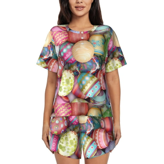 Rocae Easter Eggs for Two Piece Sleepwear Pajamas Sets for Women Soft Short-Sleeved Pjs with Lounge Shorts 3X-Large