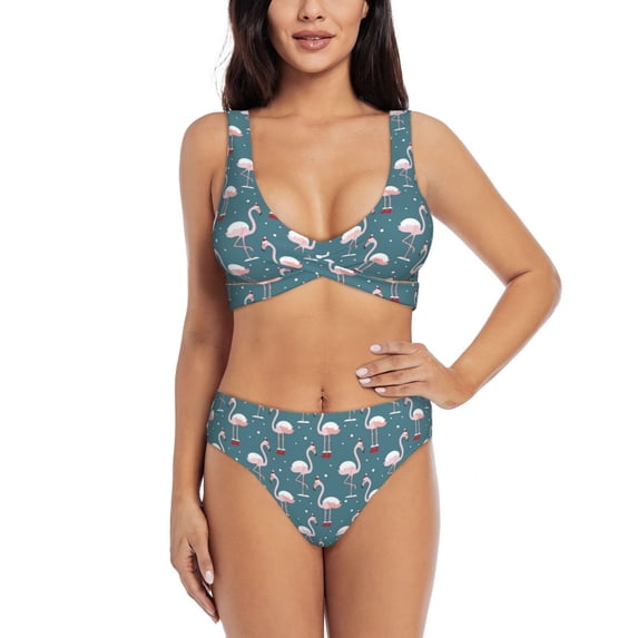 Rocae Elegant Flamingo for Bikini Set for Women Two Piece Sexy High Swimsuits Split Crossover Bikini Medium