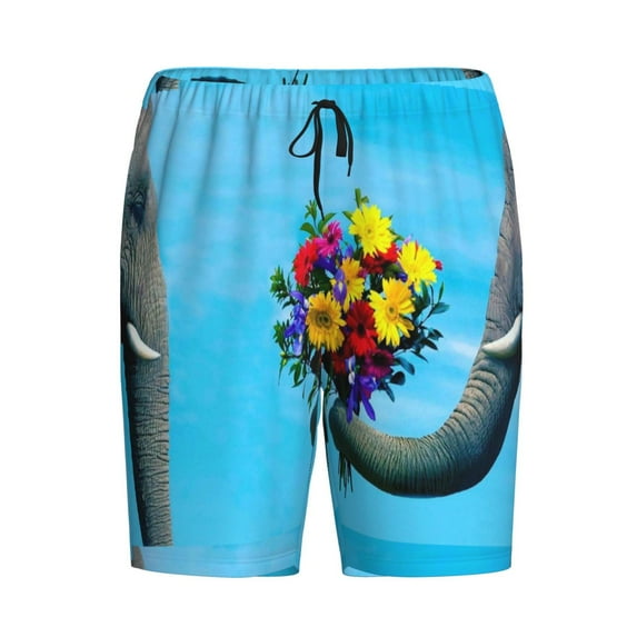 Rocae Elephant Trunk Couple Flowers for Men's Soft Sleep Pajama Shorts, Waistband and Pockets