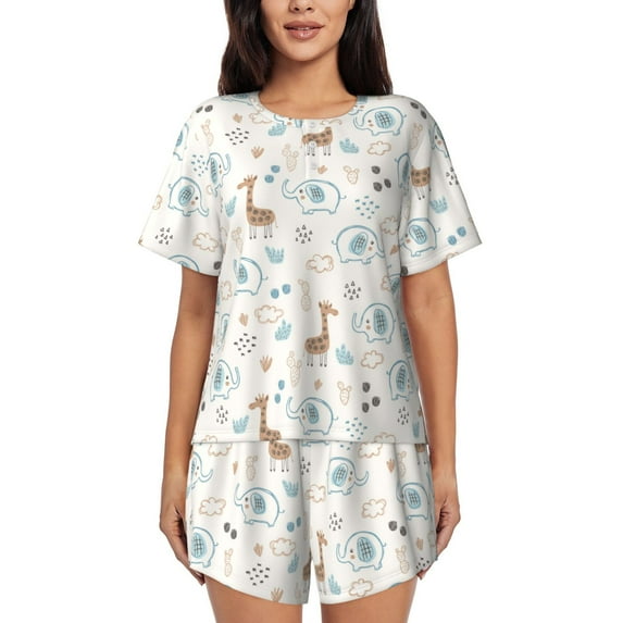 Rocae Elephants And Giraffes for Two Piece Sleepwear Pajamas Sets for Women Soft Short-Sleeved Pjs with Lounge Shorts -X-Large