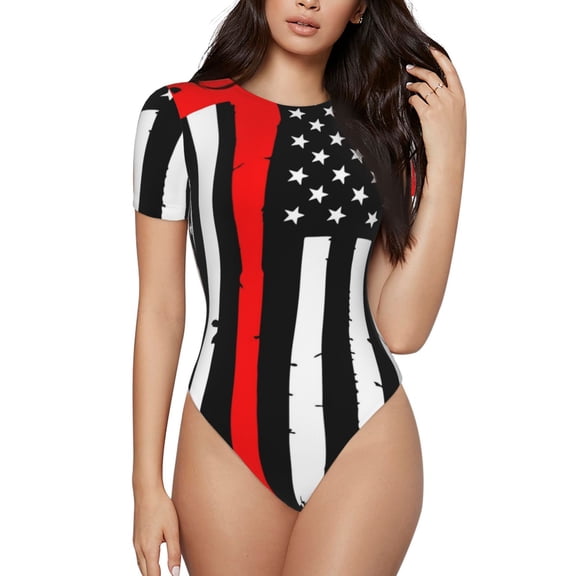 Rocae Firefighters USA Flag for One Piece Round Neck Short Sleeve Bodysuits for Women Casual Basic Bodysuit Daily Jumpsuit T Shirts-Medium