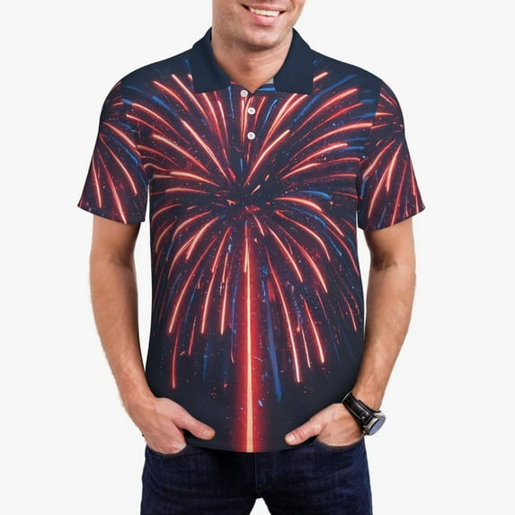 Rocae Fireworks3 for Men's Short Sleeve Polo Shirt, Quick Drying Performance Moisture Wicking Sports Men's Golf Shirt-XX-Large