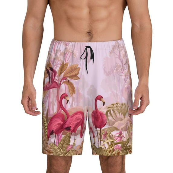 Rocae Flamingos In The Tropical Forest for Men's Soft Sleep Pajama Shorts, Waistband and Pockets-X-Large