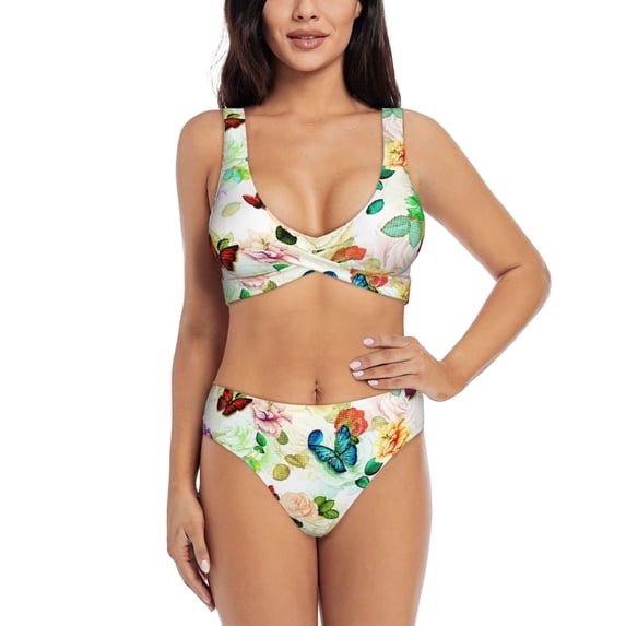 Rocae Floral Vintage for Bikini Set for Women Two Piece Sexy High Swimsuits Split Crossover Bikini Medium