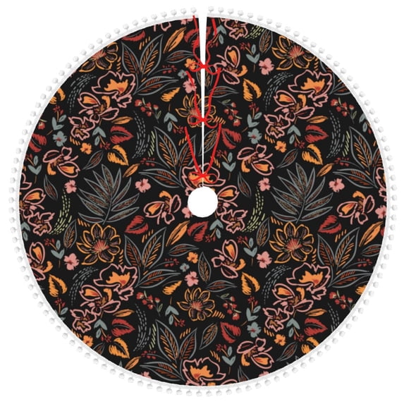 Rocae Floral for Christmas Tree Skirt with Pom Pom Trim for Holiday Party for Holiday Home Decor Indoor Outdoor-48"