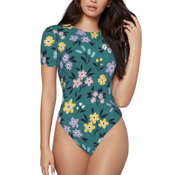Rocae Floral for One Piece Round Neck Short Sleeve Bodysuits for Women Casual Basic Bodysuit Daily Jumpsuit T Shirts-Medium