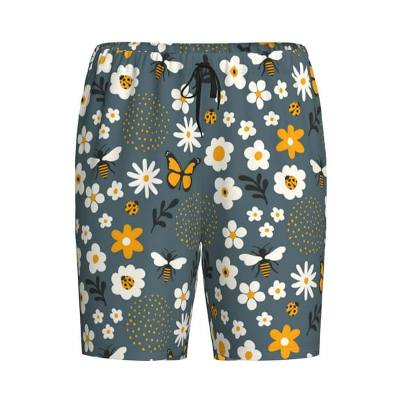 Rocae Flowers and Bee for Men's Soft Sleep Pajama Shorts, Waistband and Pockets