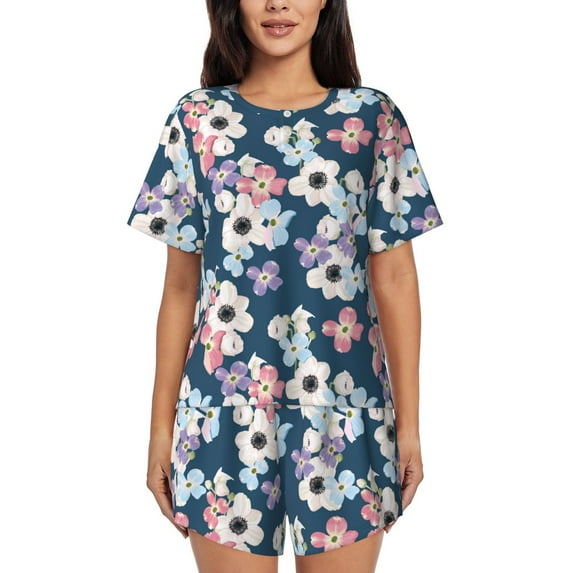 Rocae Flowers for Two Piece Sleepwear Pajamas Sets for Women Soft Short-Sleeved Pjs with Lounge Shorts