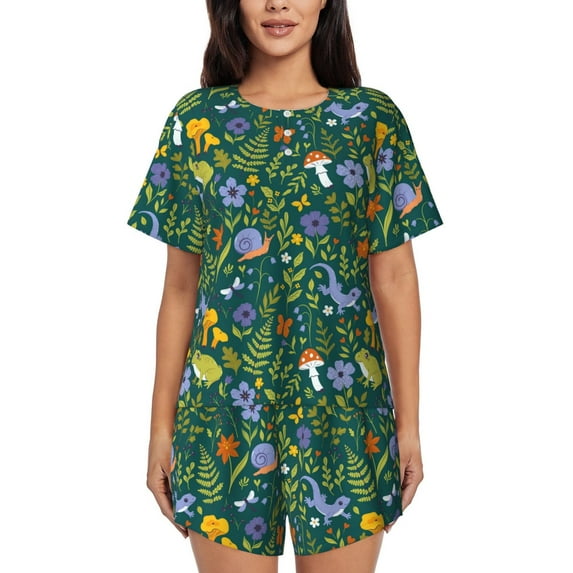 Rocae Forest Flora And Fauna for Two Piece Sleepwear Pajamas Sets for Women Soft Short-Sleeved Pjs with Lounge Shorts -XX-Large