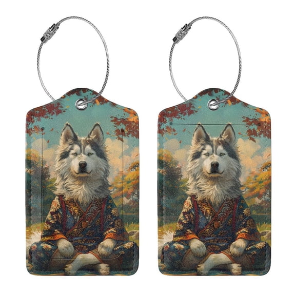 Rocae Forest Maple Leaf Husky for Leather Luggage Baggage Tags ID Label Privacy Cover ID Label with Stainless Steel Loop and Address Card