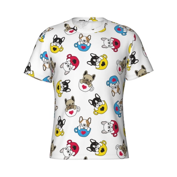 Rocae French Bulldog With Coffee Cup for Men's Moisture-Wicking Crew Tee - T-Shirt for Sports, Outdoor Activities, and Casual WearLarge