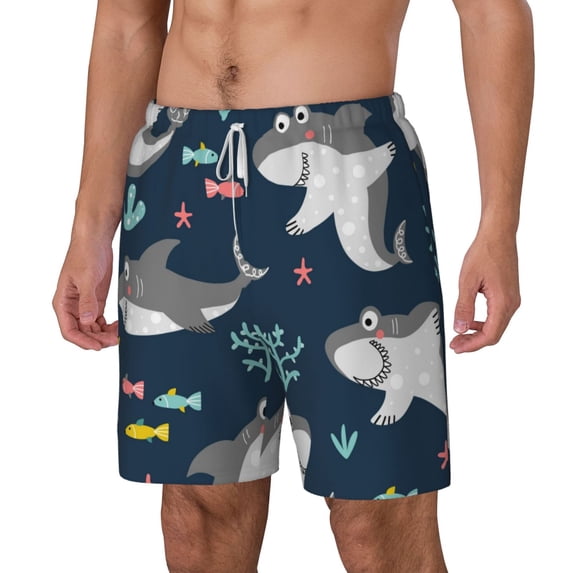 Rocae Friendly Smiling Sharks for Men's Swim Trunks Quick Dry With Two Side Pockets and One Lined Patch PocketX-Large