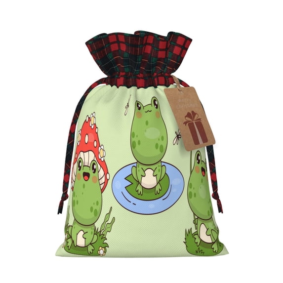 Rocae Frog Amanita Mushroom Print Christmas Drawstring Linen Gift Bag with Drawstrings Treat Bag Goody Present Bags for Christmas Party Favor