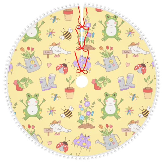 Rocae Frog Bee for Christmas Tree Skirt with Pom Pom Trim for Holiday Party for Holiday Home Decor Indoor Outdoor-48"