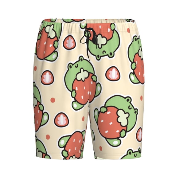 Rocae Frog Hold Strawberry for Men's Soft Sleep Pajama Shorts, Waistband and Pockets
