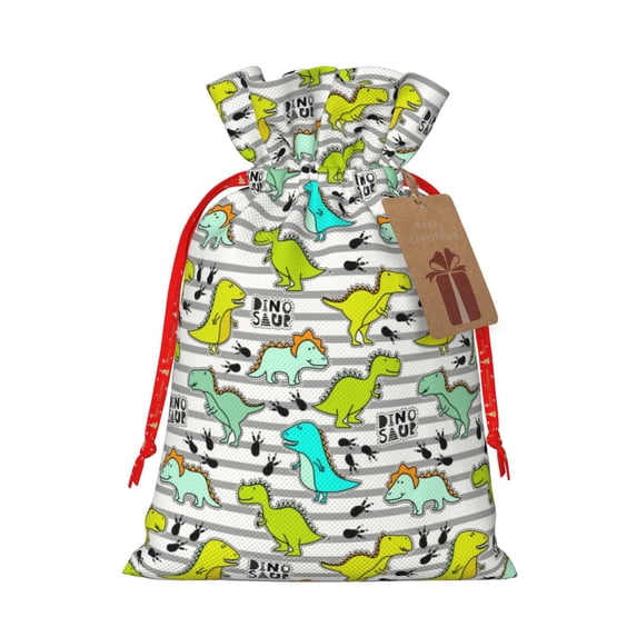 Rocae Funny Dinosaurs on Stripes for Christmas Drawstring Linen Gift Bag with Drawstrings Treat Bag Goody Present Bags for Christmas Party Favor-Small