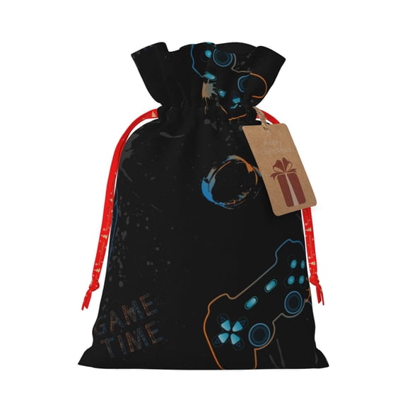 Rocae Game Time for Christmas Drawstring Linen Gift Bag with Drawstrings Treat Bag Goody Present Bags for Christmas Party Favor-Small
