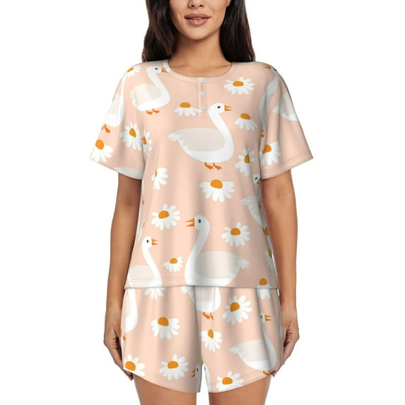 Rocae Geese and Flower for Two Piece Sleepwear Pajamas Sets for Women Soft Short-Sleeved Pjs with Lounge Shorts Small