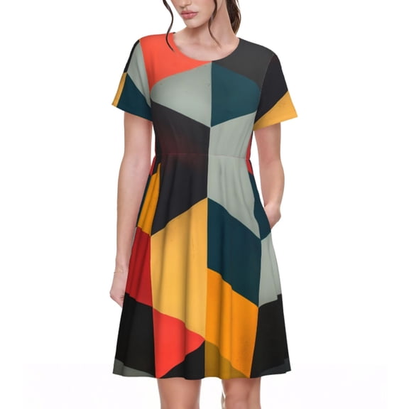 Rocae Geometric Cube Pattern Art for Dresses Summer Casual Ruffle Short Sleeve Cute Crew Neck Flowy Dress with Pockets