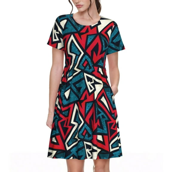 Rocae Geometric Elements for Dresses Summer Casual Ruffle Short Sleeve Cute Crew Neck Flowy Dress with Pockets