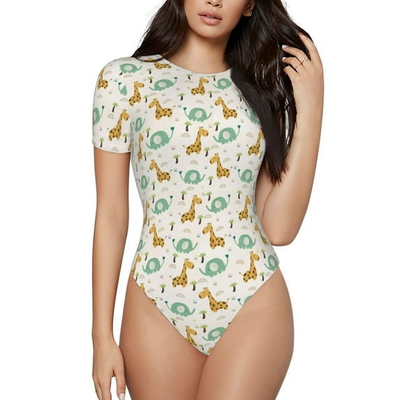 Rocae Giraffe And Elephant for One Piece Round Neck Short Sleeve Bodysuits for Women Casual Basic Bodysuit Daily Jumpsuit T Shirts-Medium