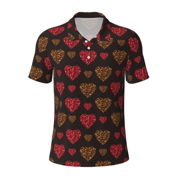 Rocae Gold Glitter Heart for Men's Short Sleeve Polo Shirt, Quick Drying Performance Moisture Wicking Sports Men's Golf Shirt 3X-Large