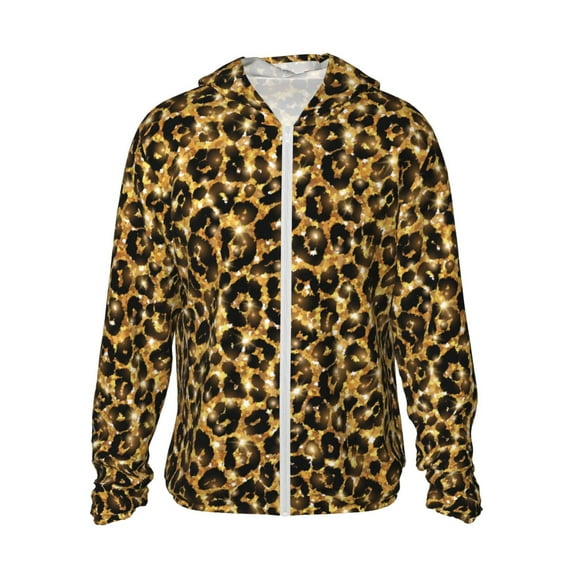 Rocae Gold Glitter Leopard Print Breathable Sun Protection Hoodie Quick-Dry Lightweight Long Sleeve Hoodie Unisex Running Sports Shirt 3X-Large