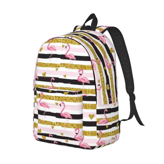 Rocae Gold Glittering Hearts and Flamingos for Durable Canvas Backpack Leisure Large Bag Travel Rucksack Multi-function Backpack Small