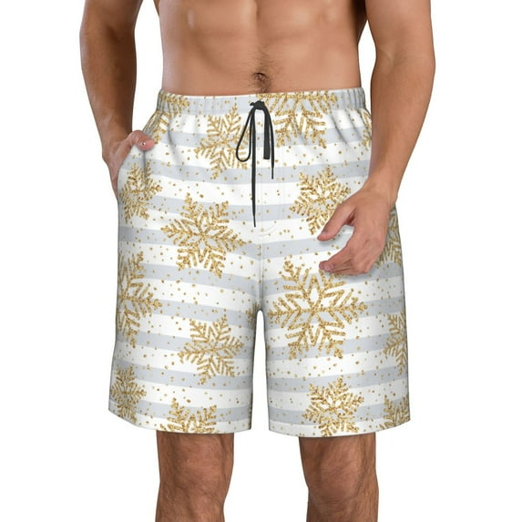 Rocae Gold Snowflake for Men's Beach Shorts Casual Elastic Waist Drawstring Summer Beach Shorts,S-3XL-X-Large
