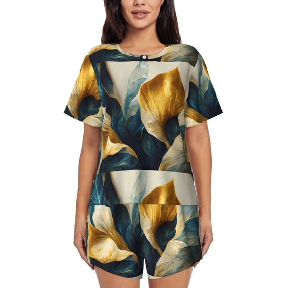 Rocae Golden Blue Leaf Design for Two Piece Sleepwear Pajamas Sets for Women Soft Short-Sleeved Pjs with Lounge Shorts -Medium