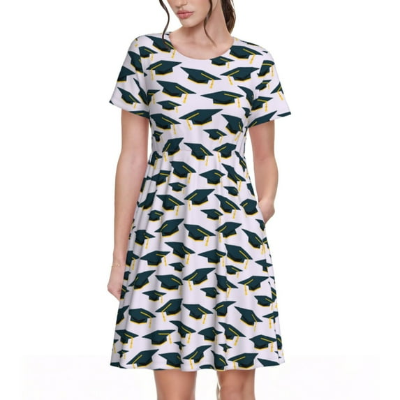 Rocae Graduation Hats for Dresses Summer Casual Ruffle Short Sleeve Cute Crew Neck Flowy Dress with Pockets