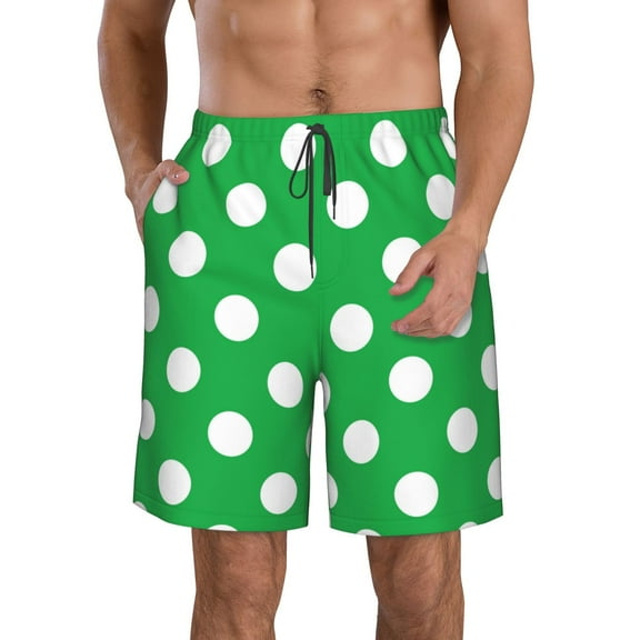 Rocae Green And White Polka Dot for Men's Beach Shorts Casual Elastic Waist Drawstring Summer Beach Shorts,S-3XL-Medium