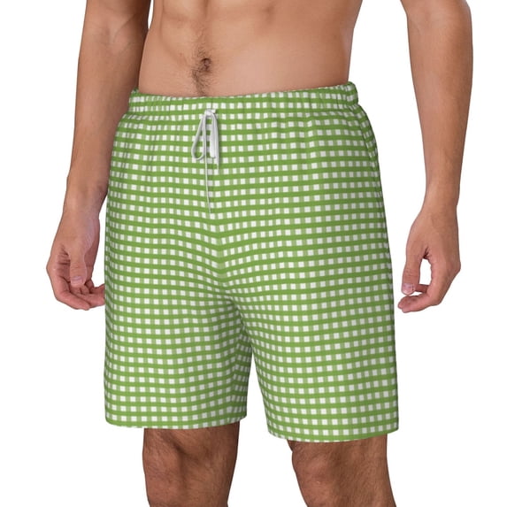 Rocae Green Gingham for Men's Swim Trunks Quick Dry With Two Side Pockets and One Lined Patch PocketMedium