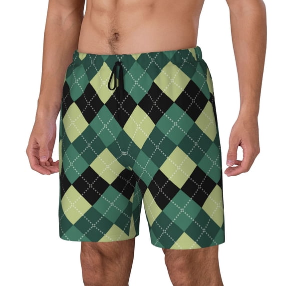 Rocae Green Squares for Men's Swim Trunks Quick Dry With Two Side Pockets and One Lined Patch PocketMedium
