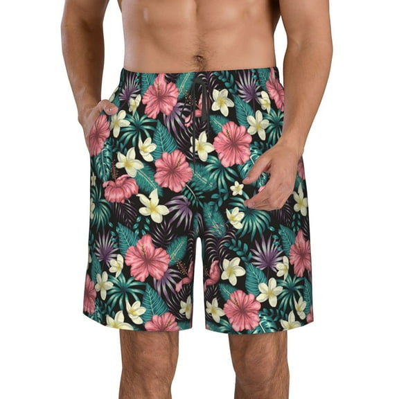 Rocae Green Tropical Leaves for Men's Beach Shorts Casual Elastic Waist Drawstring Summer Beach Shorts,S-3XL-Medium