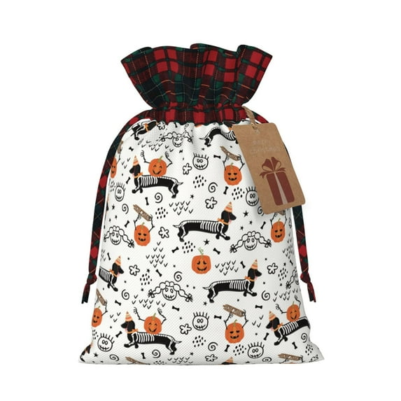 Rocae Halloween Dachshund Print Christmas Drawstring Linen Gift Bag with Drawstrings Treat Bag Goody Present Bags for Christmas Party Favor