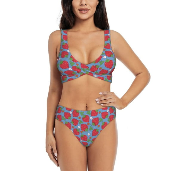 Rocae Hand Drawn Strawberry for Bikini Set for Women Two Piece Sexy High Swimsuits Split Crossover Bikini Medium