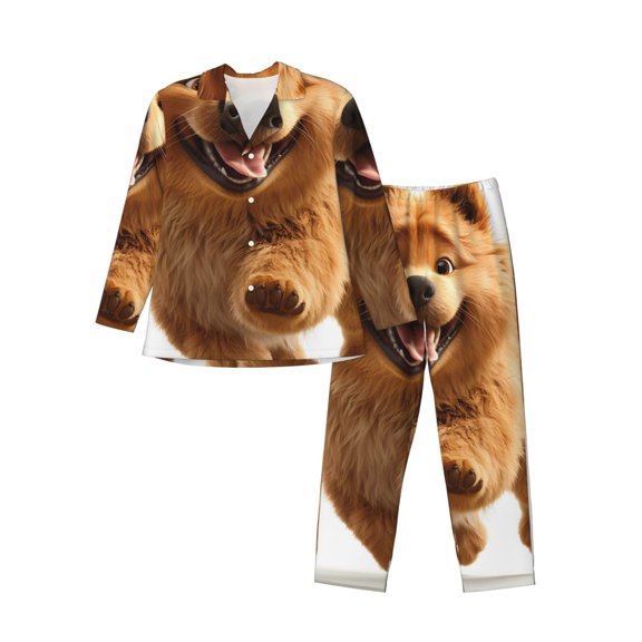 Rocae Happy Fluffy Running Dog for Men's Pajamas Set Mens Pjs Sets Long Sleeve Button Down Sleepwear-X-Large